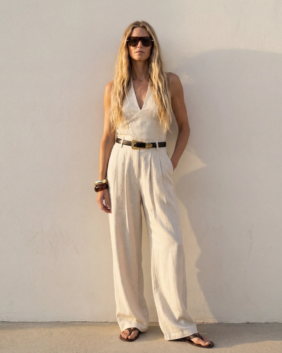 Woman in cream wide-leg linen trousers and halter top standing against a sunlit white wall, embodying slow fashion and effortless personal style — The Maison Marie