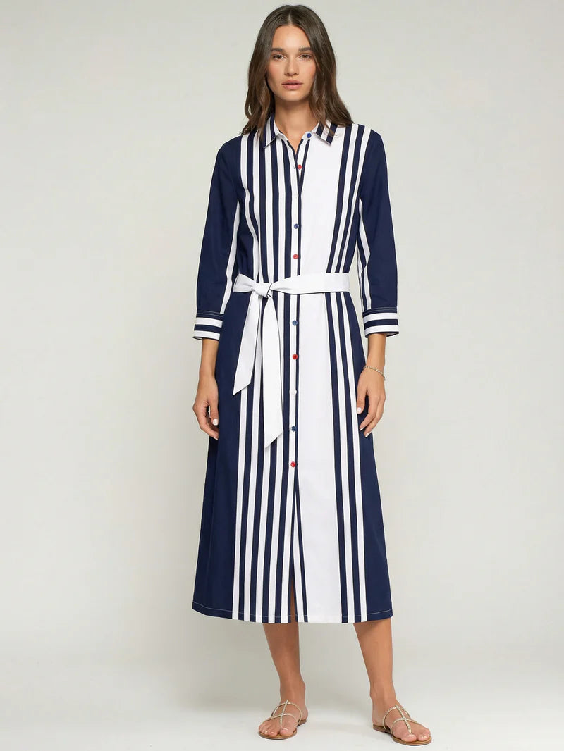 Navy and white striped shirt dress