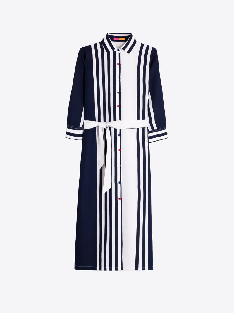 Navy and white striped shirt dress