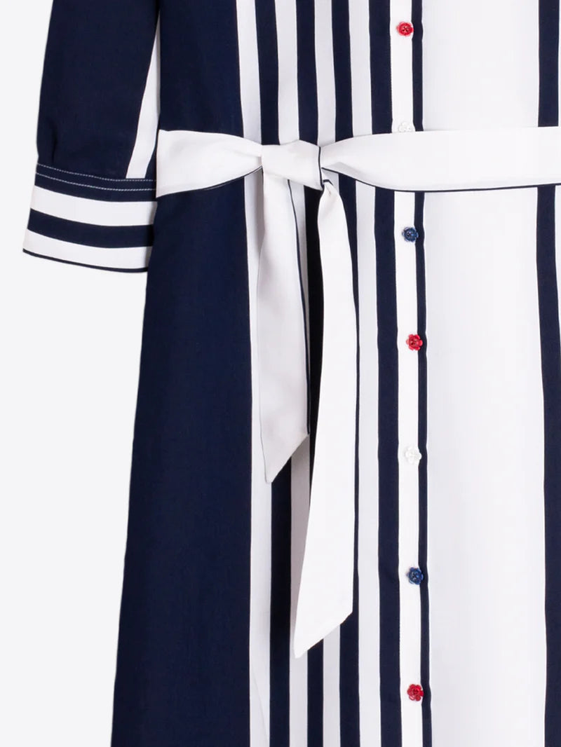 Navy and white striped shirt dress