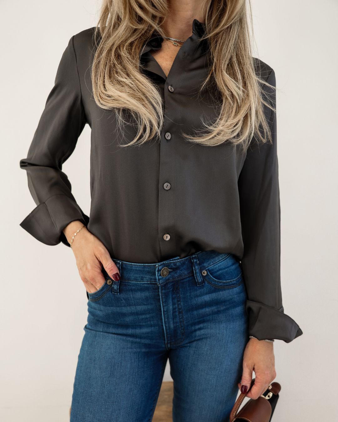 Sateen Fitted Silk Button Down Blouse