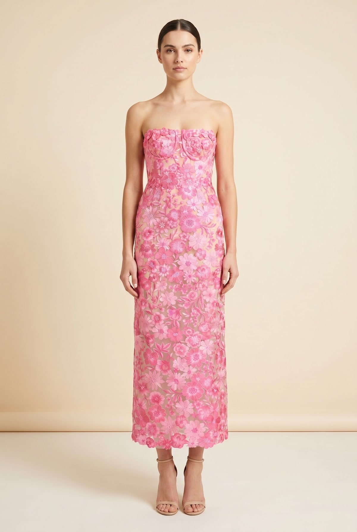 Strapless Floral Embroidered Midi Dress by Zac Posen in Floral