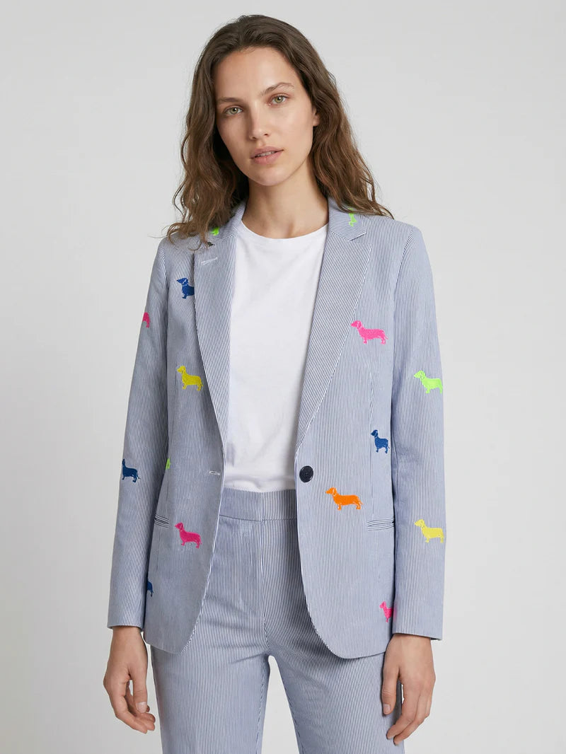 Grey striped jacket with embroidered dogs