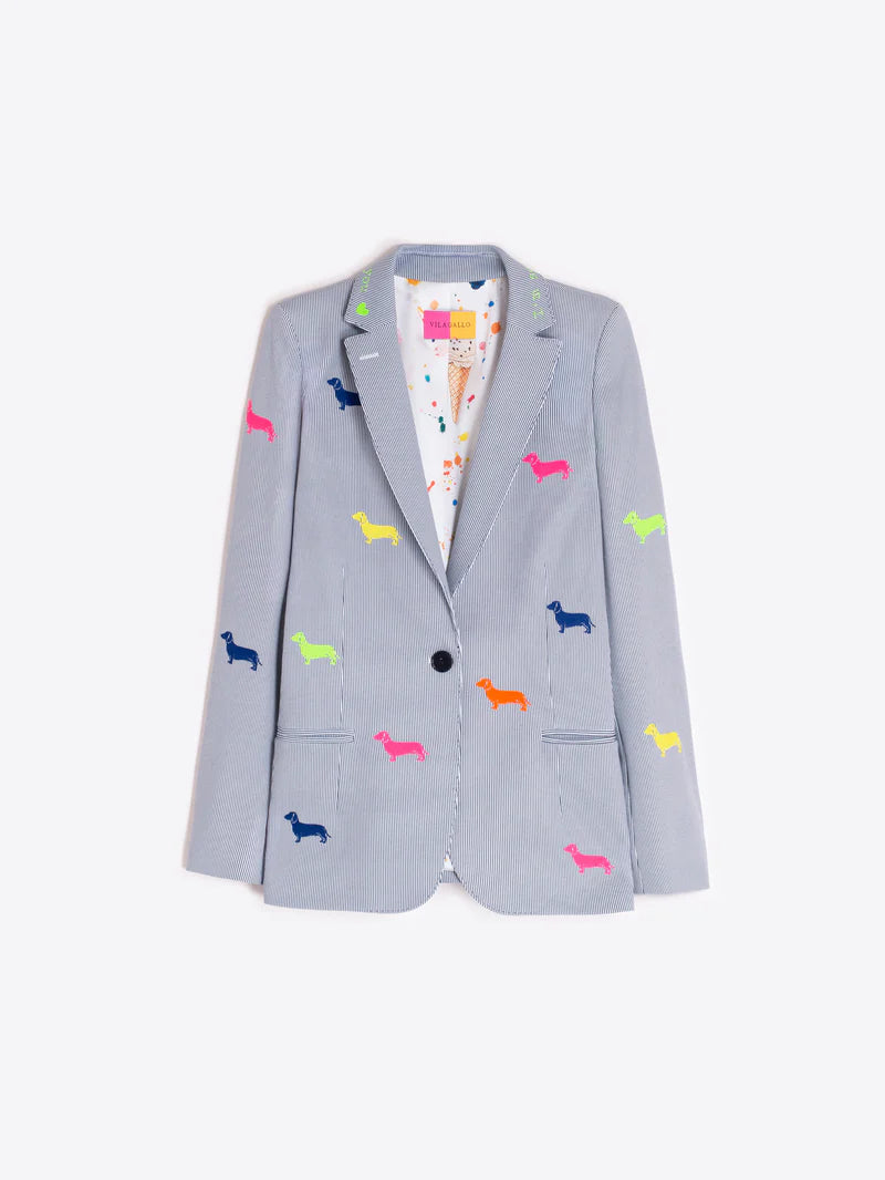 Grey striped jacket with embroidered dogs
