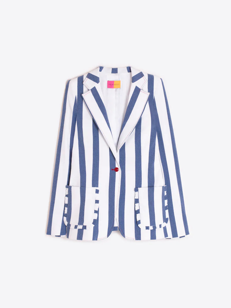 Blue and white striped jacket with pockets and ruffles