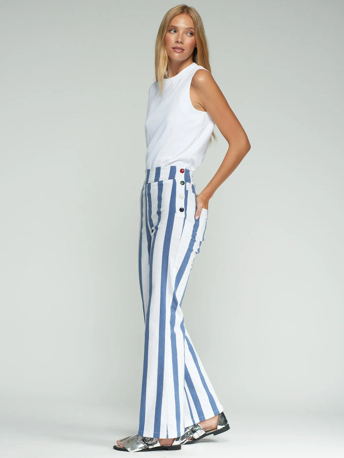 Blue and white striped trousers with buttons
