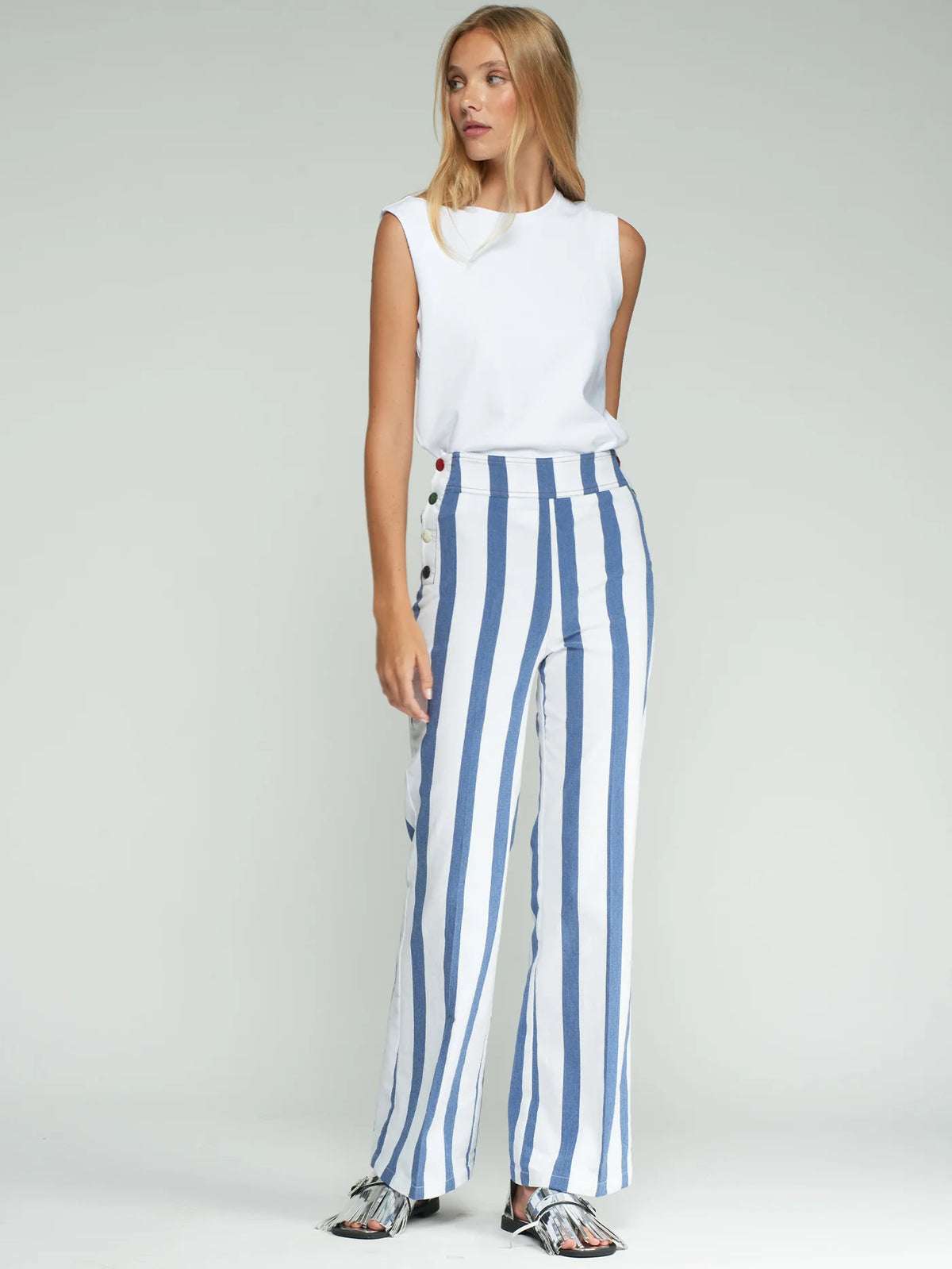 Blue and white striped trousers with buttons