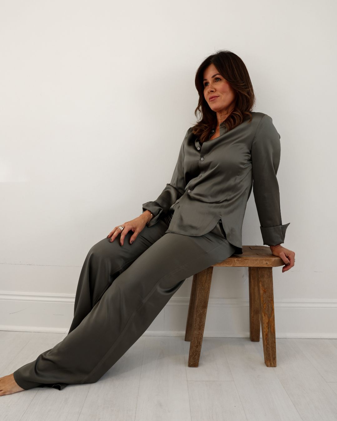 Sateen Fitted Silk Button Down Blouse