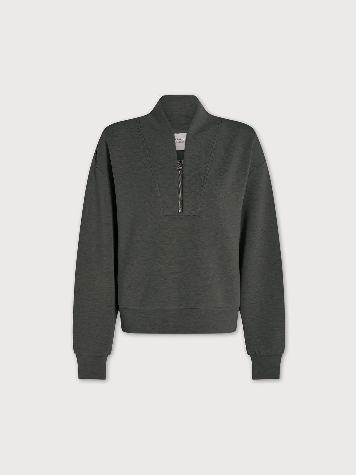 Dark gray sweatshirt with a quarter zip on a light gray background