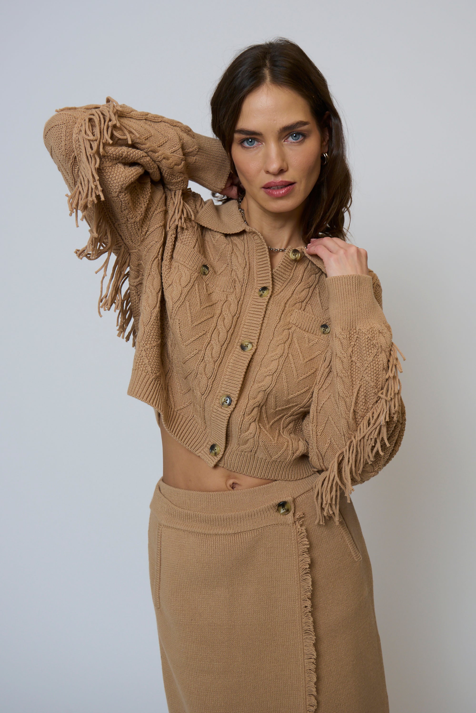 ELYSE CABLED FRINGE SWEATER CARDIGAN