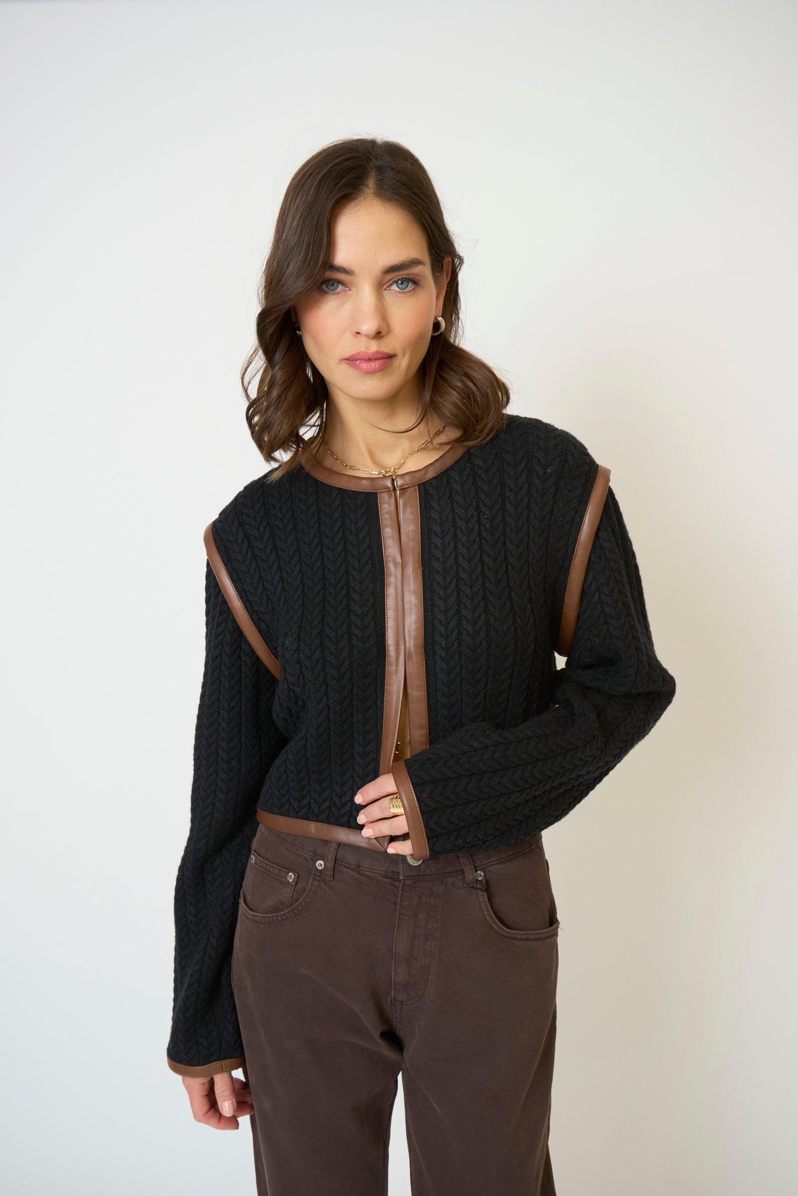 ATLAS LEATHER TRIM CABLE CARDI