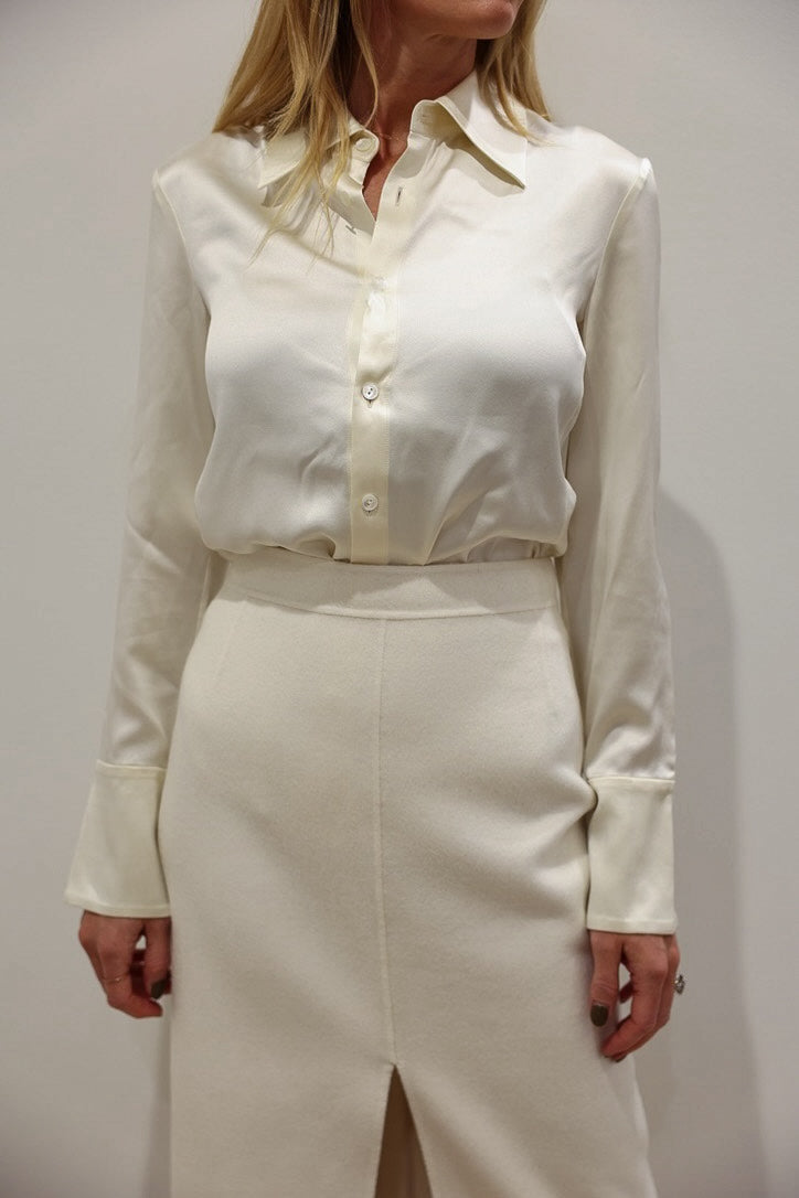Sateen Fitted Silk Button Down Blouse