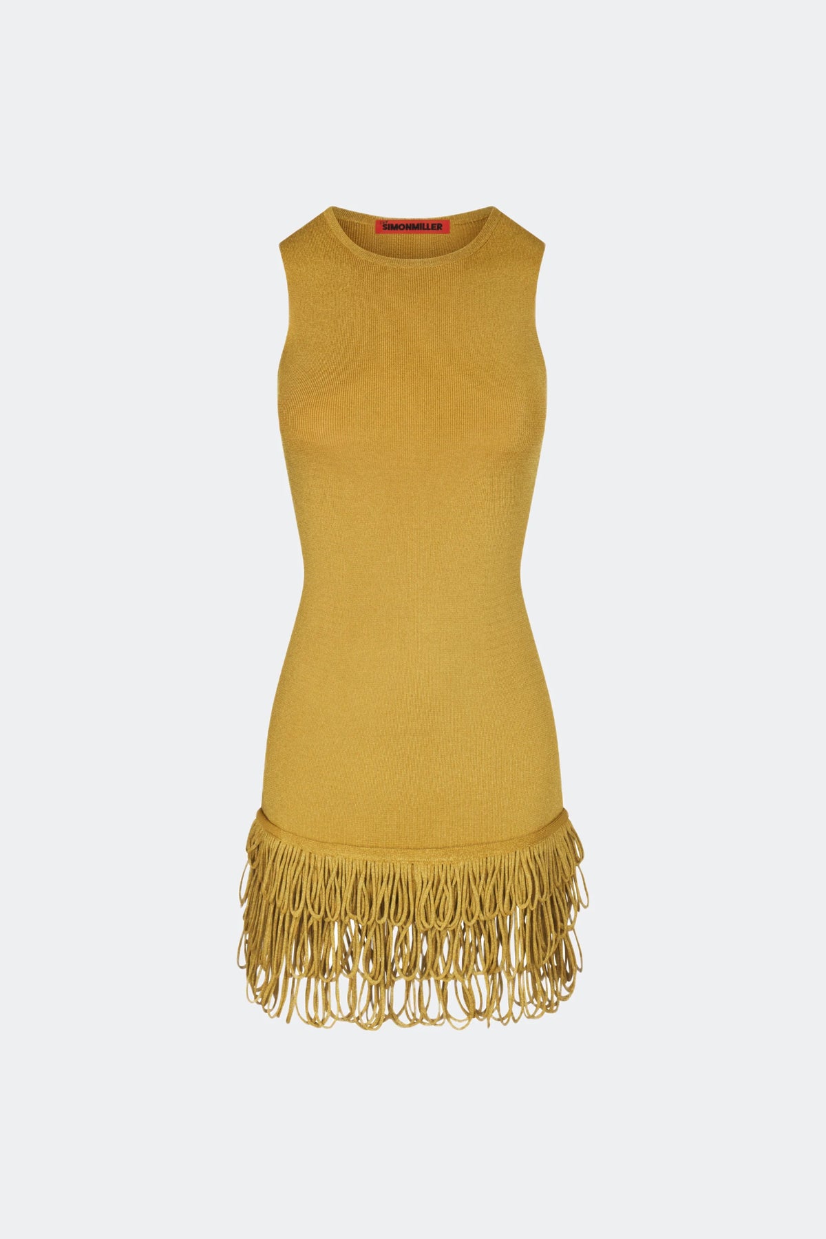 Mustard yellow dress with fringe details on a white background