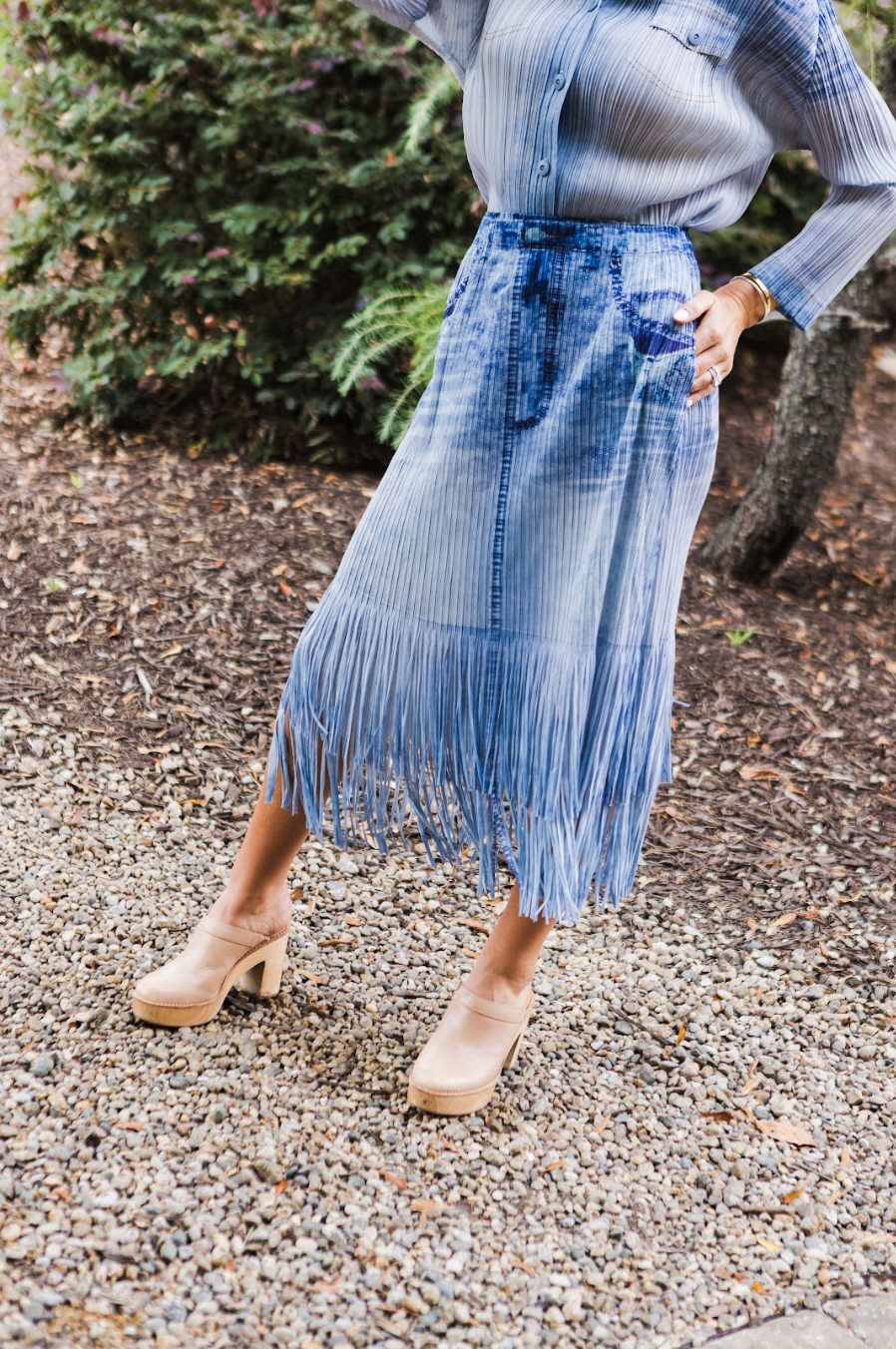Lauren Denim Look Plissé Fringe Skirt