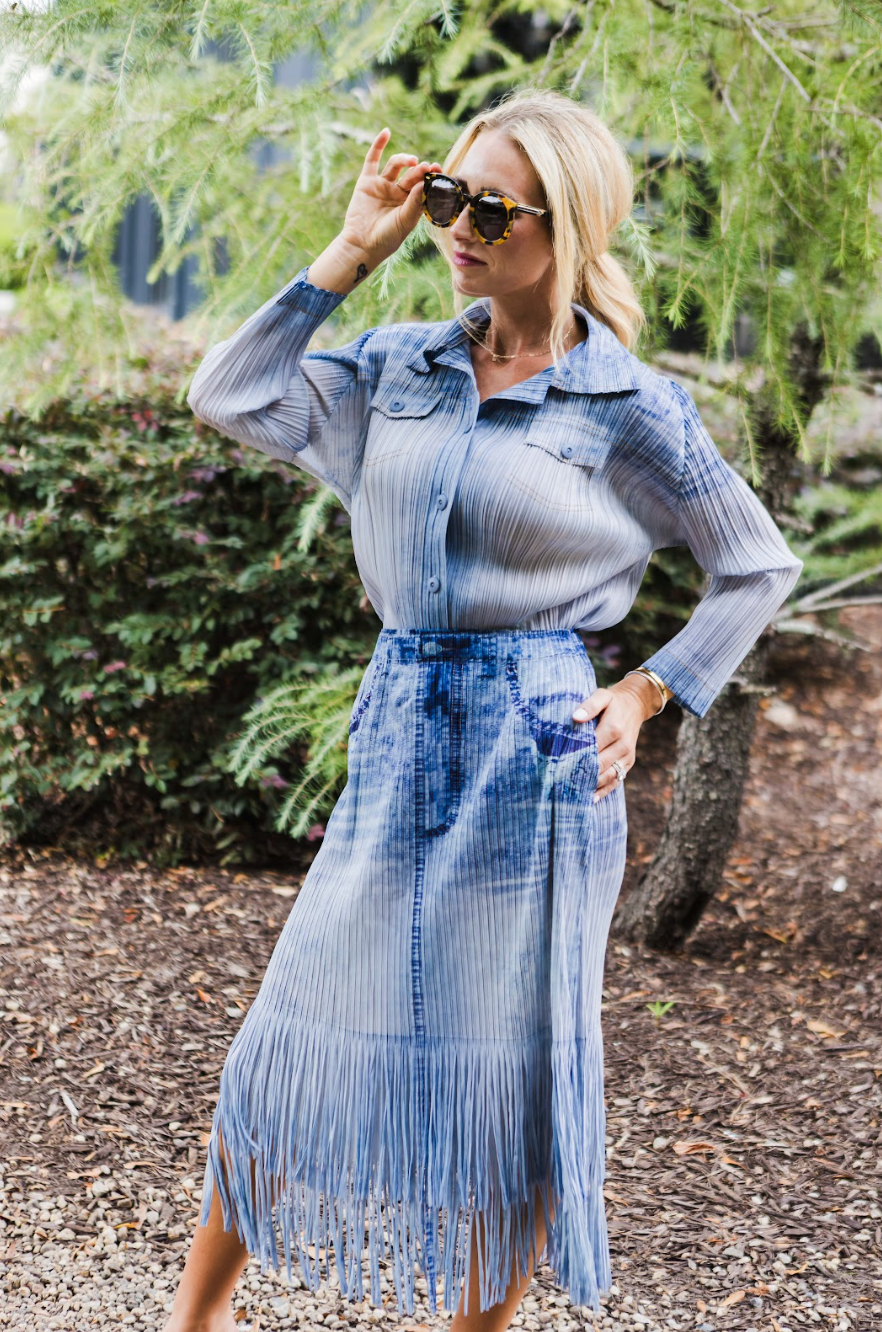Lauren Denim Look Plissé Fringe Skirt