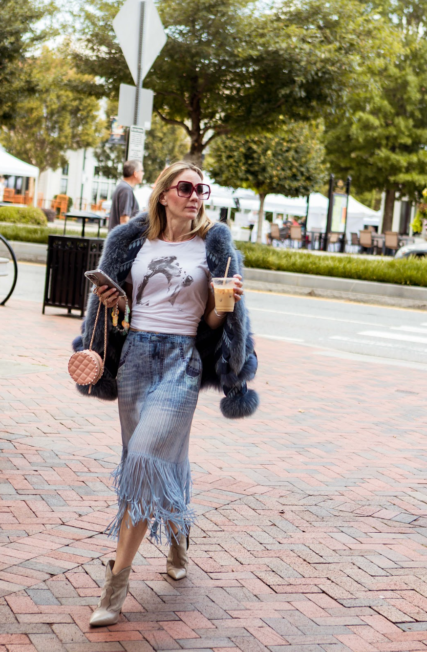 Lauren Denim Look Plissé Fringe Skirt