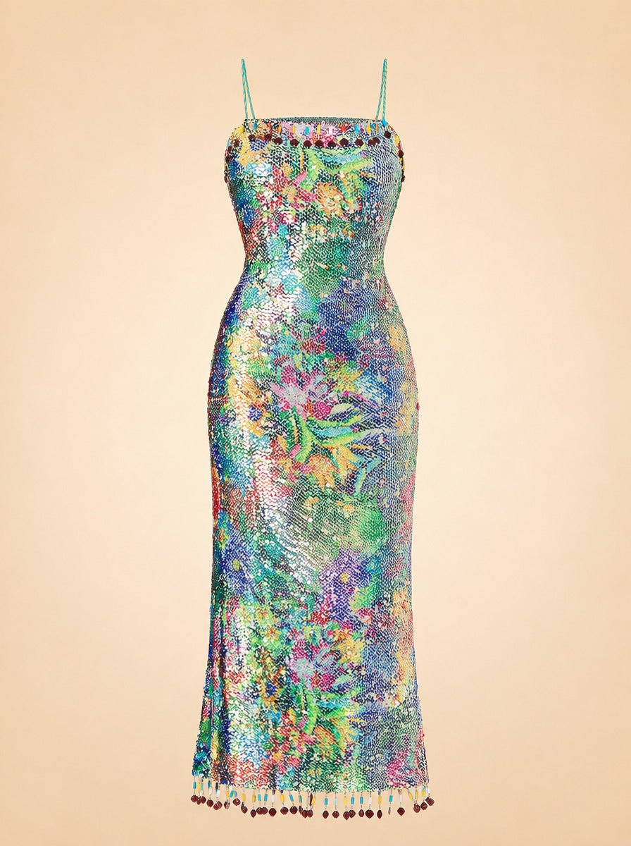 Aiya Dress in Botanical Sequin by Alexis in Green, multicolour