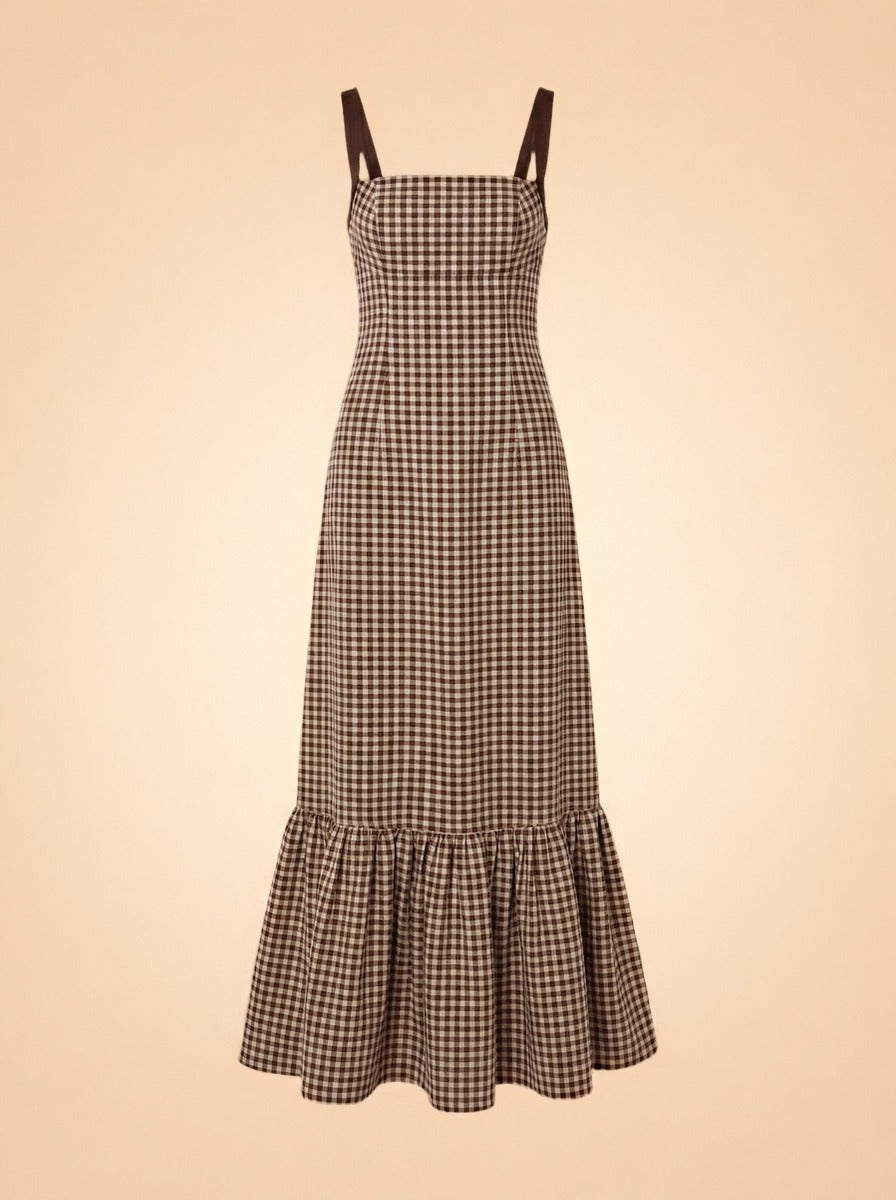 Tie Back Gown by Couper in Checkered, White, Brown