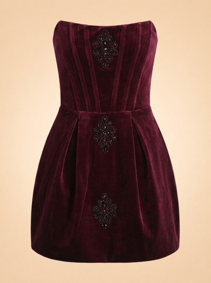 Burgundy Velvet Mini Dress by Bronx and Banco in Burgundy