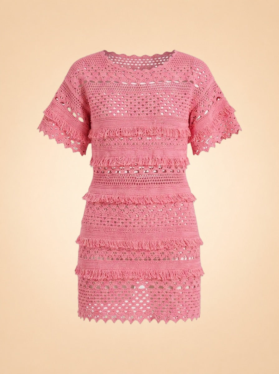 Crochet Knit Fringe Dress by Maje in Pink