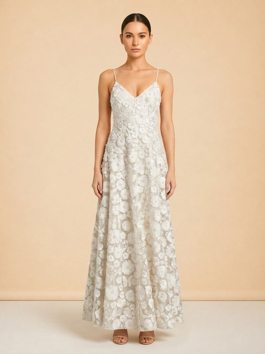 Domencia Gown by Alice + Olivia in Ivory with floral embroidery