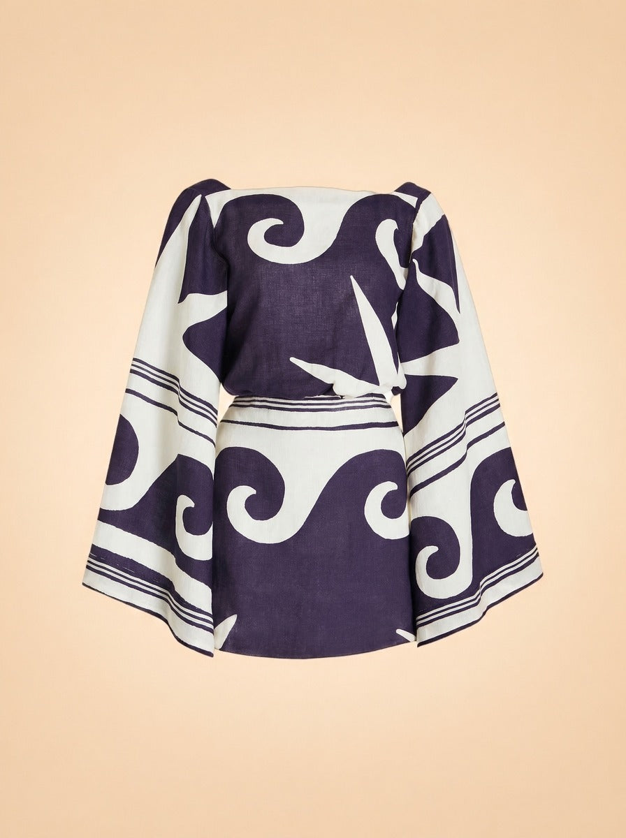 Wave After Wave Organic Linen Mini Dress by Johanna Ortiz in Multicolour print