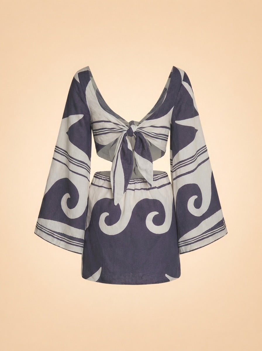Wave After Wave Organic Linen Mini Dress by Johanna Ortiz in Multicolour print