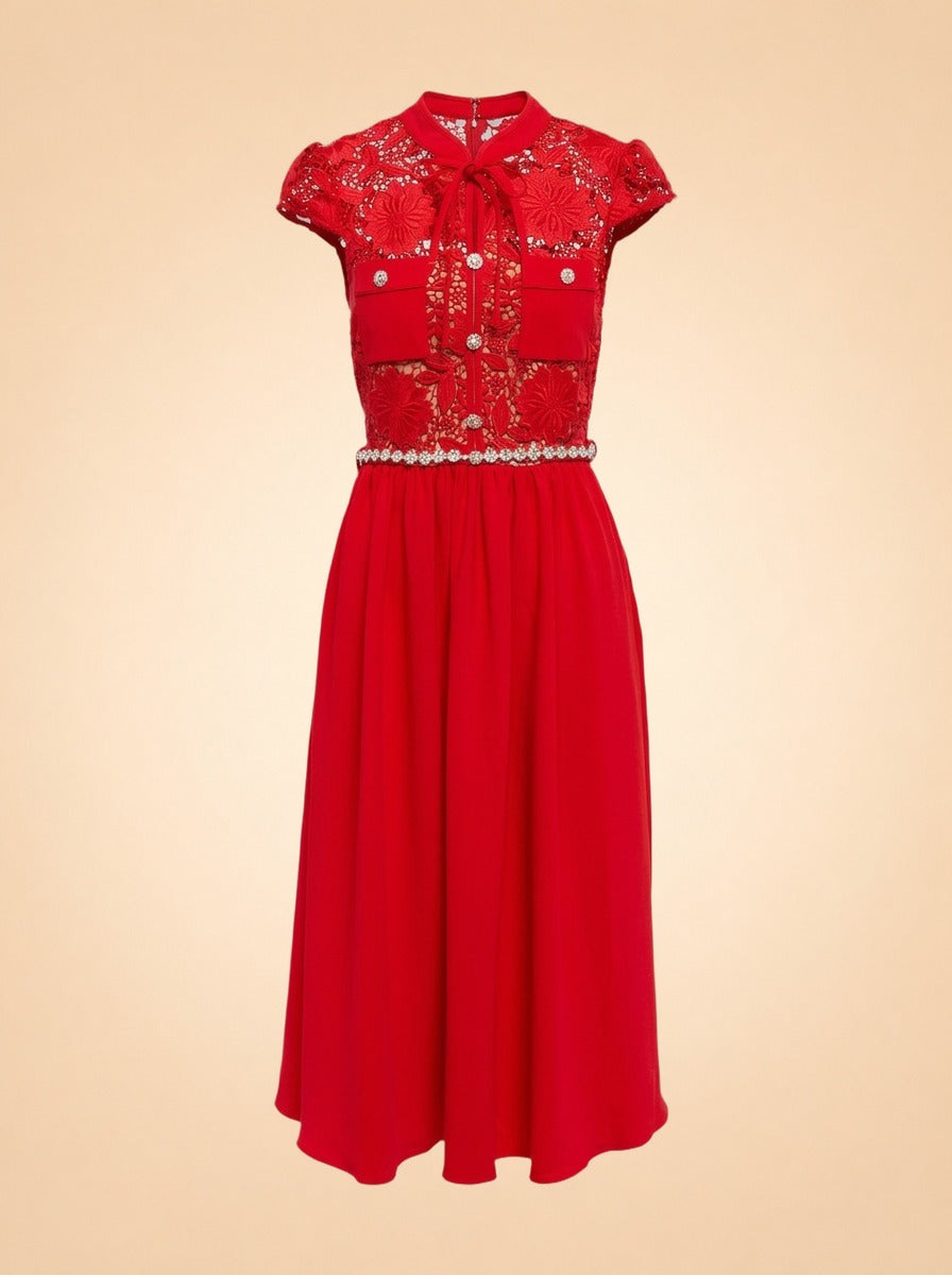 Lace-Trimmed Crêpe Midi Dress by Self-Portrait in Red