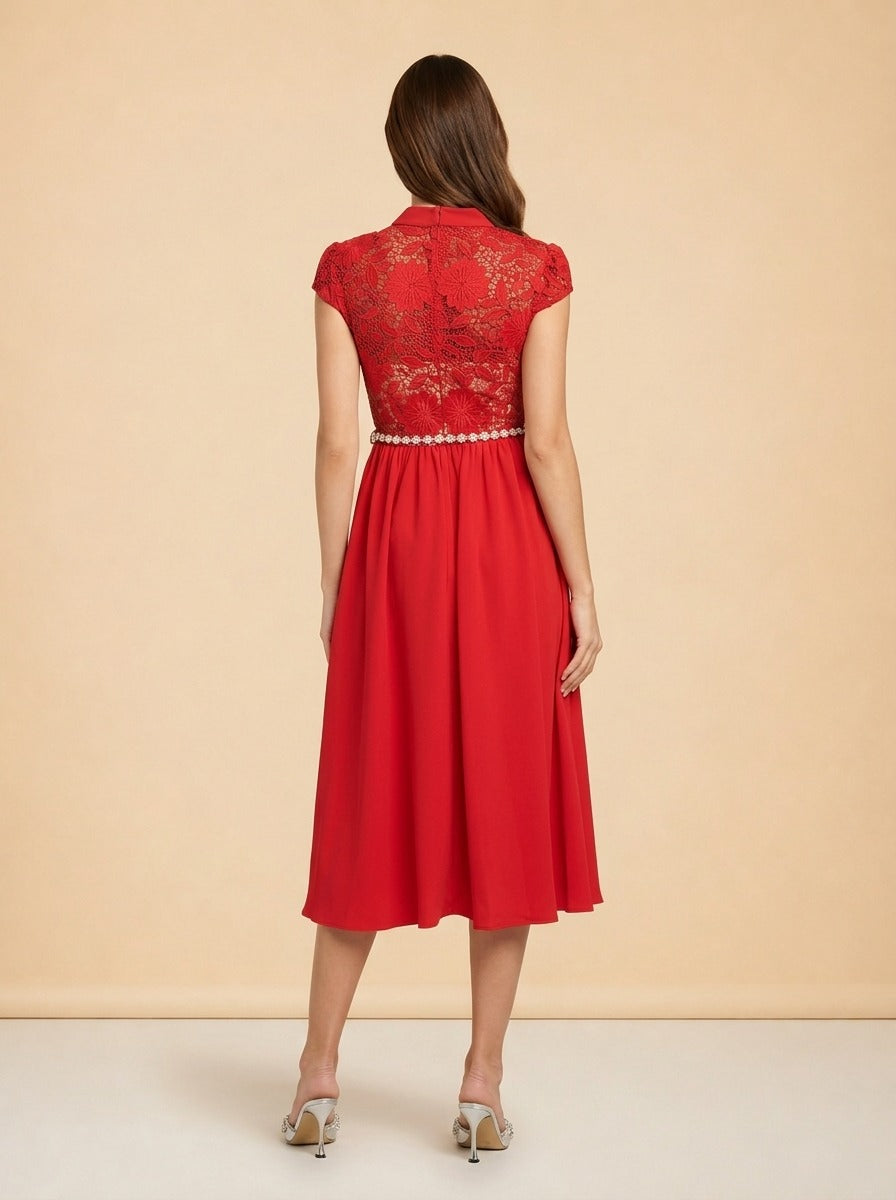 Lace-Trimmed Crêpe Midi Dress by Self-Portrait in Red