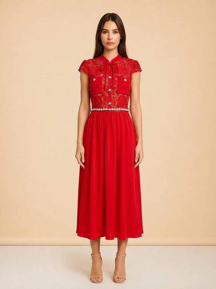 Lace-Trimmed Crêpe Midi Dress by Self-Portrait in Red