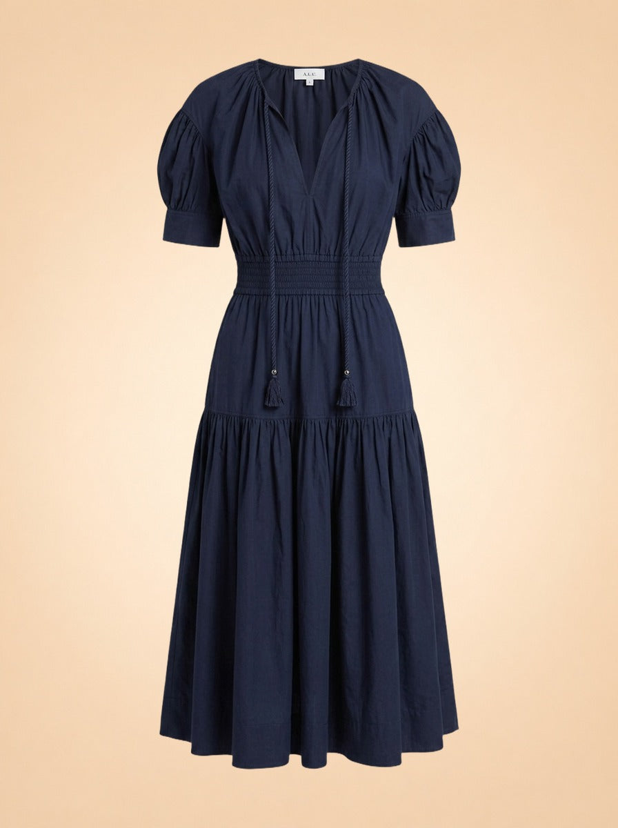 Navy Puff-Sleeve Rope-Tie Tiered Dress by A.L.C. in Navy