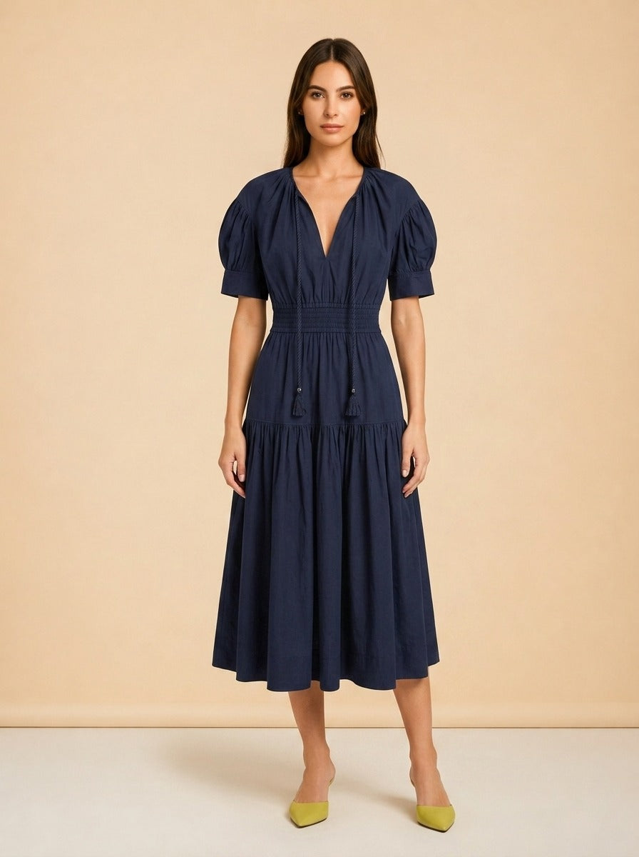 Navy Puff-Sleeve Rope-Tie Tiered Dress by A.L.C. in Navy