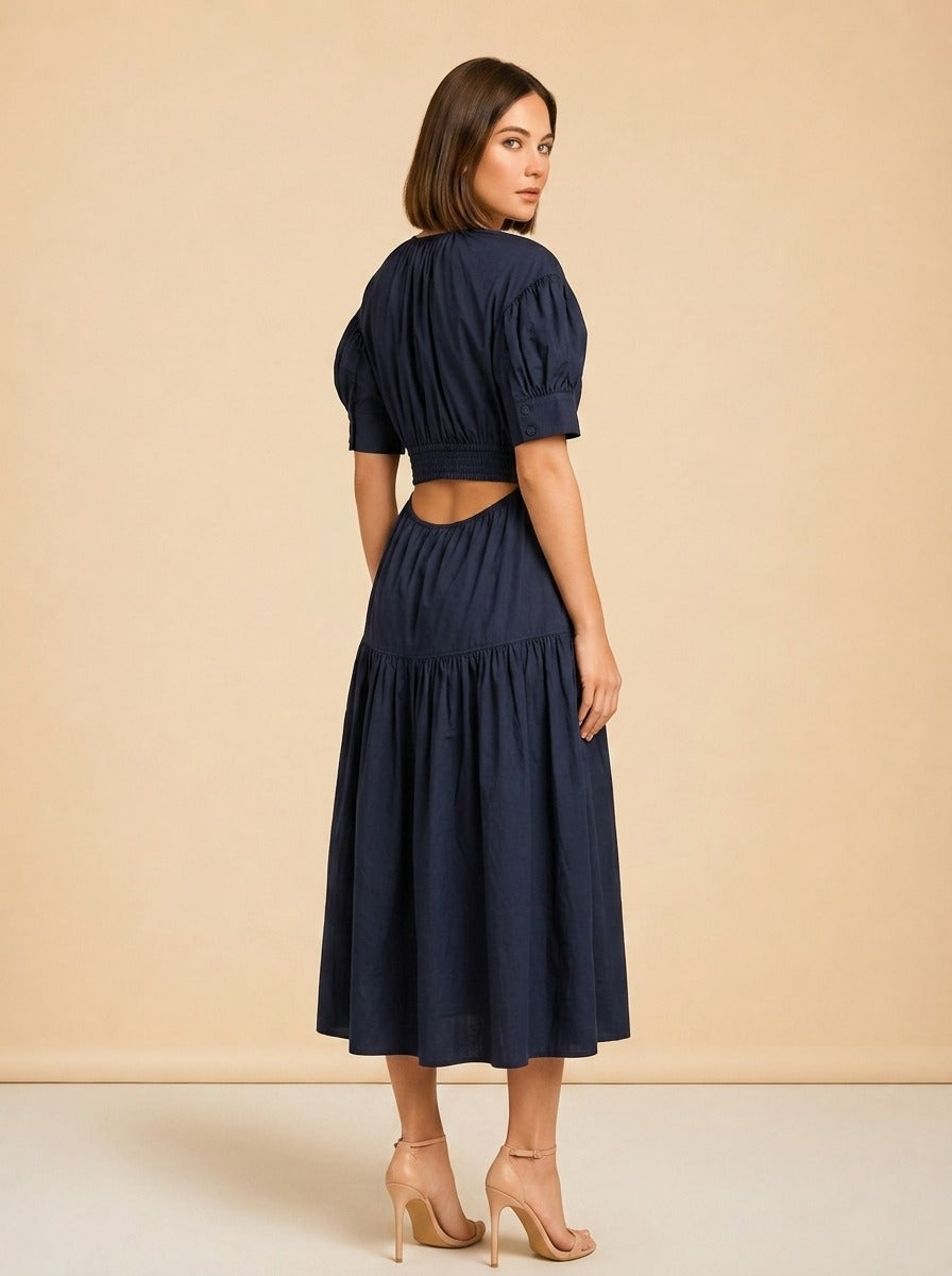 Navy Puff-Sleeve Rope-Tie Tiered Dress by A.L.C. in Navy