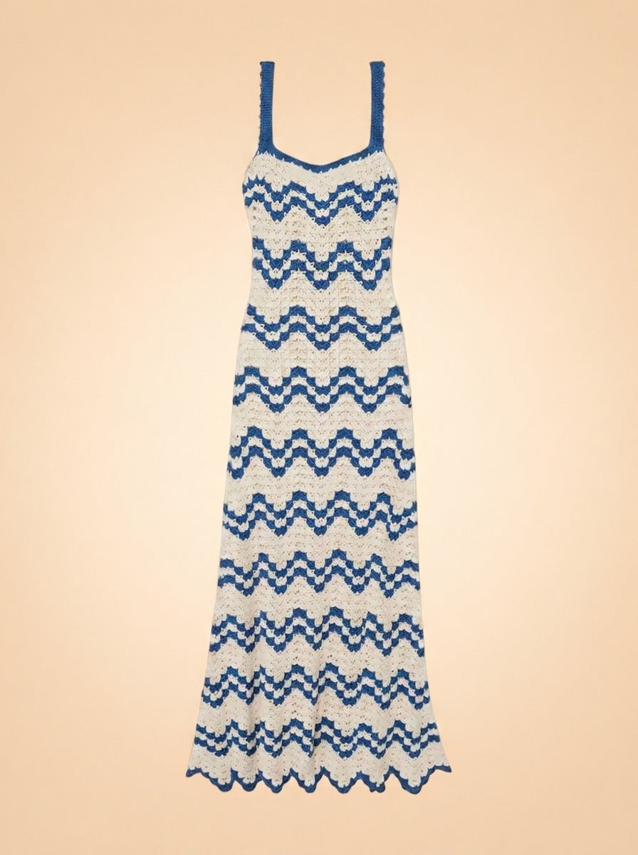 Marea Crochet Maxi Dress by Escvdo in Blue & Cream