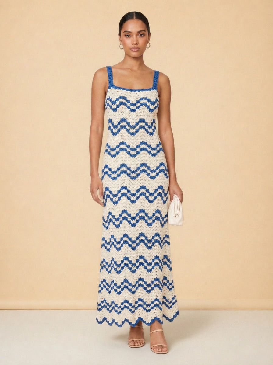 Marea Crochet Maxi Dress by Escvdo in Blue & Cream