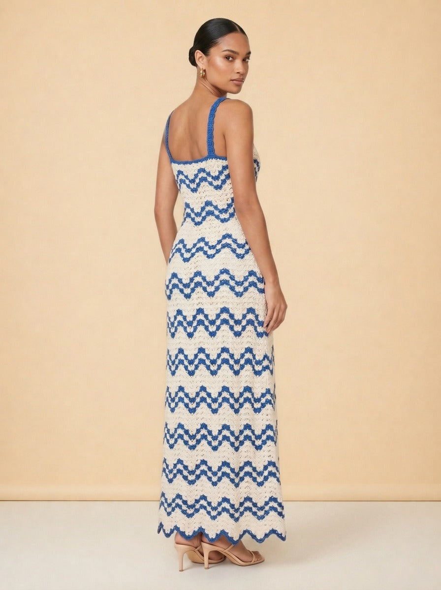 Marea Crochet Maxi Dress by Escvdo in Blue & Cream