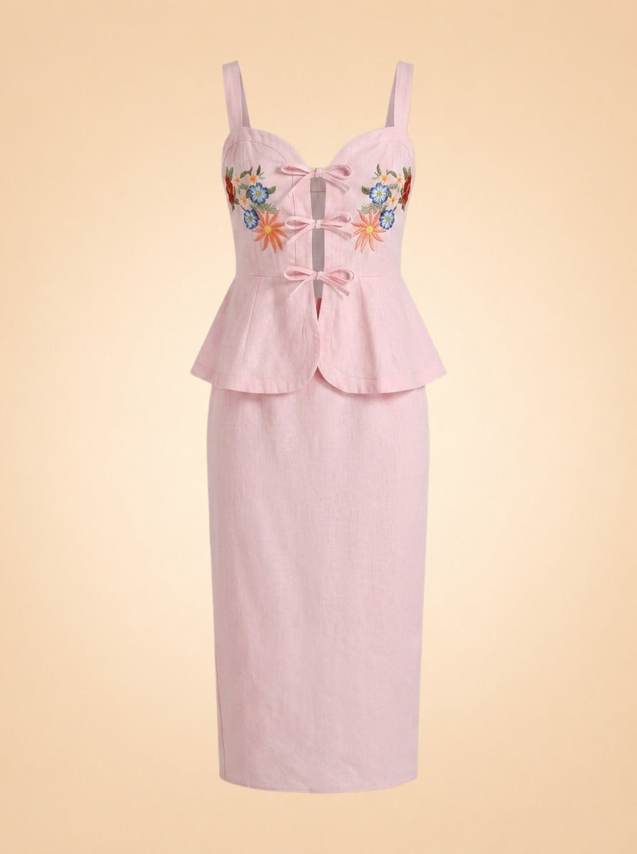 Pink Embroidered Floral Linen Dress by Fanm Mon in Pink floral