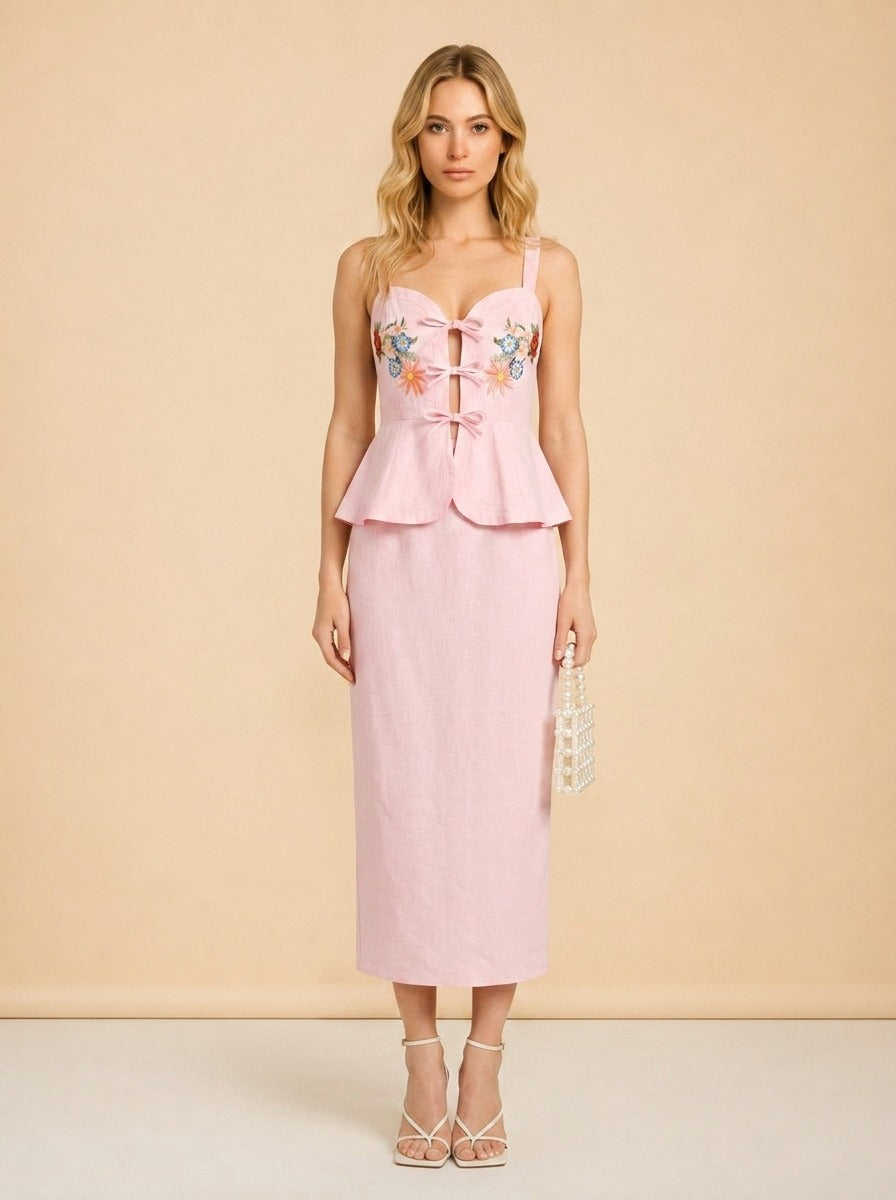 Pink Embroidered Floral Linen Dress by Fanm Mon in Pink floral