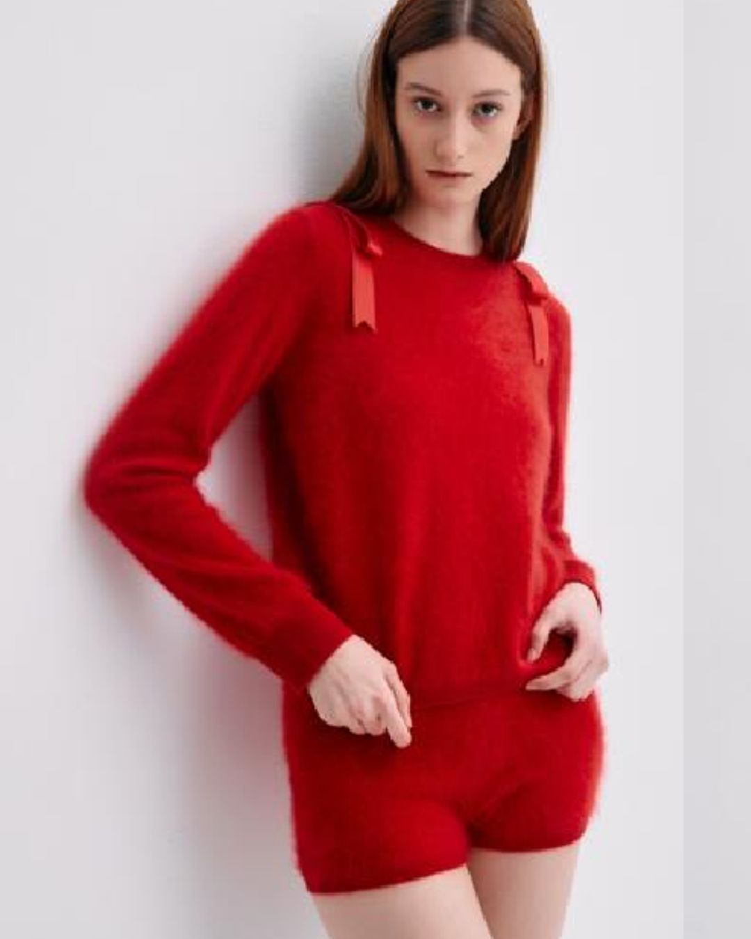 Brushed Cashmere Sweater With Shoulder Bows