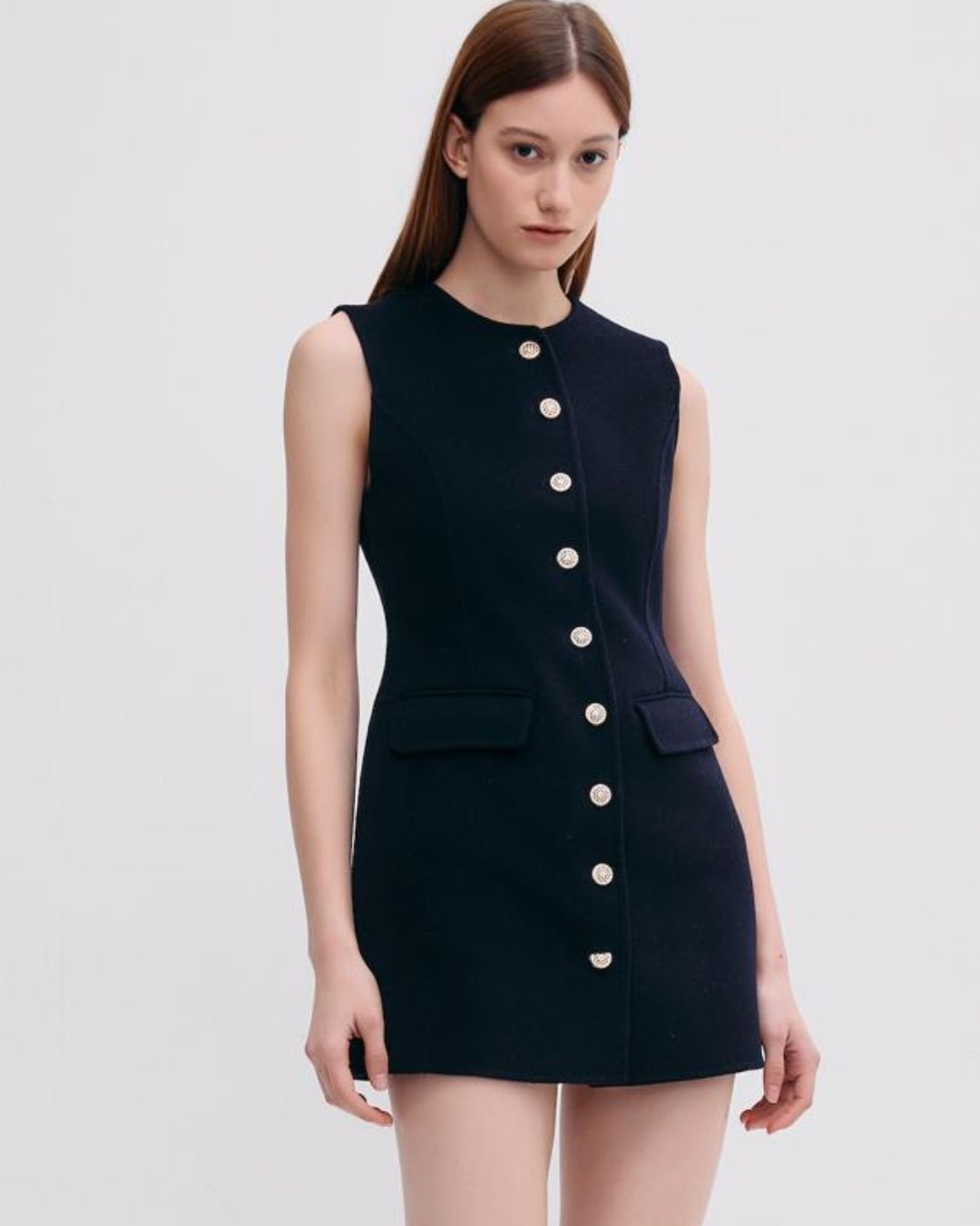 Tailored Golden Button Cashmere Vest Dress