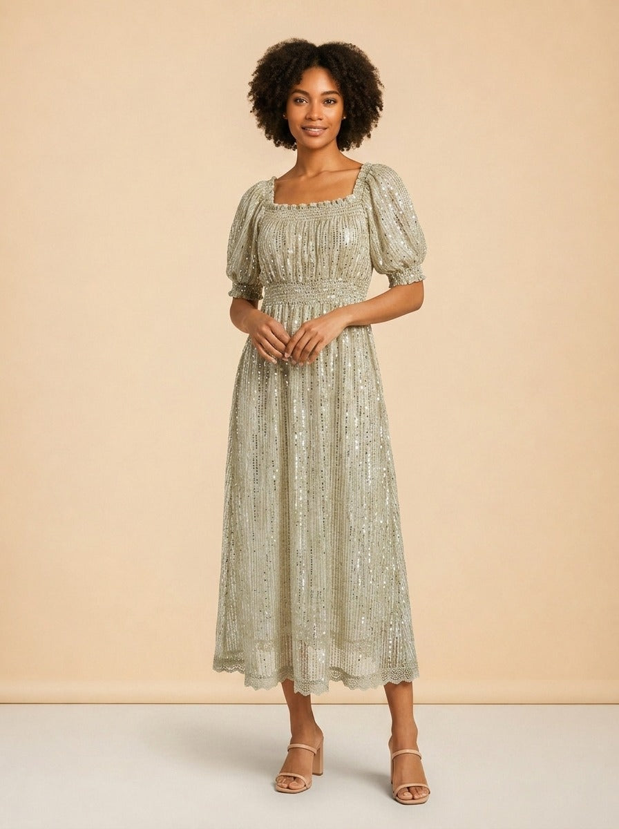Sparkly Sheer Dress by Eddy in Sage green sequin