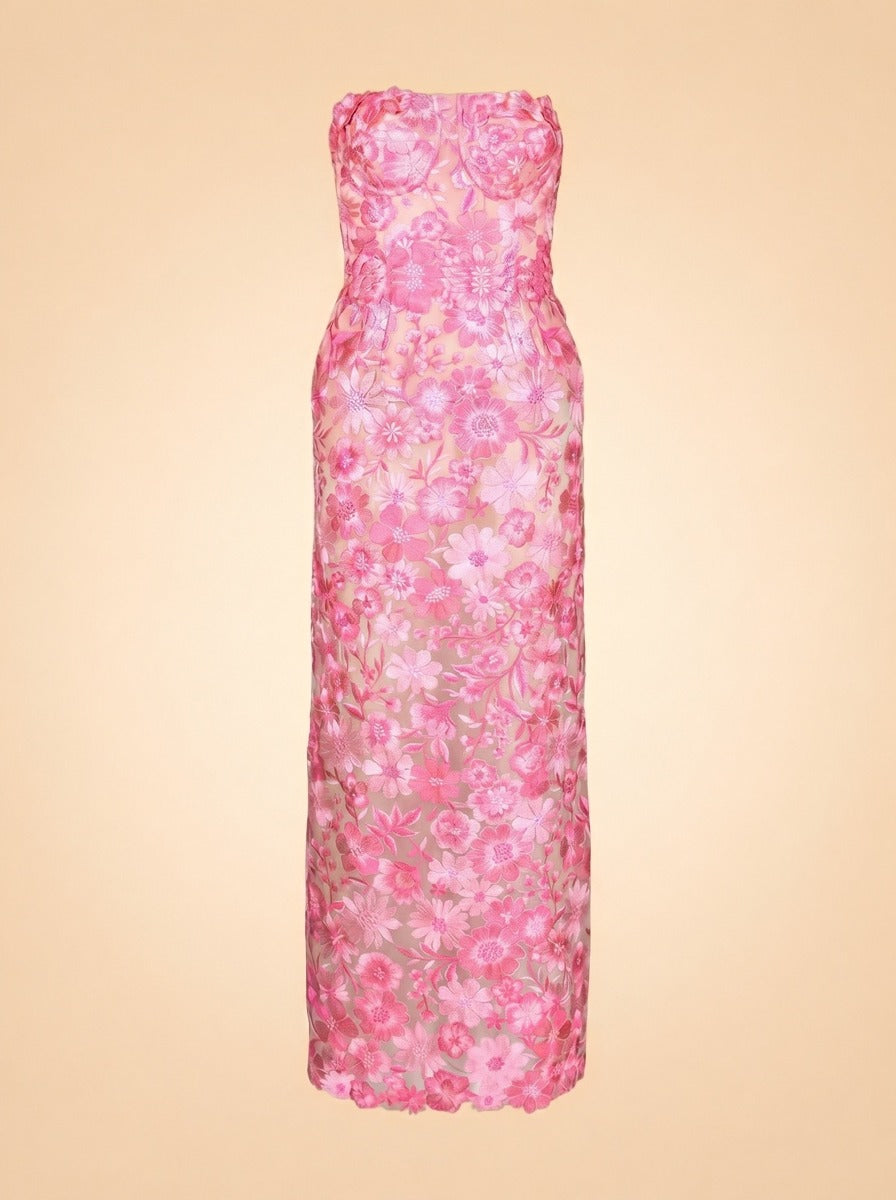 Strapless Floral Embroidered Midi Dress by Zac Posen in Floral