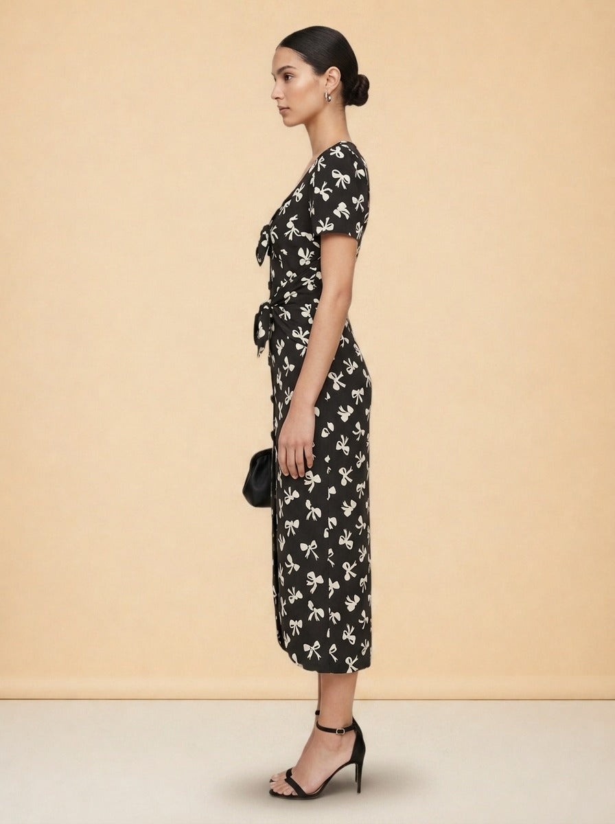 Zaza Tie-Detailed Midi Dress by Rebecca de Ravenel in Black & Ivory