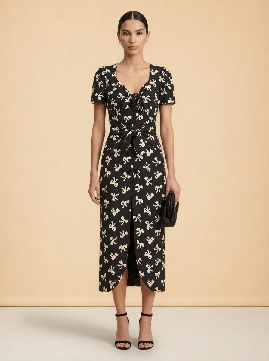 Zaza Tie-Detailed Midi Dress by Rebecca de Ravenel in Black & Ivory