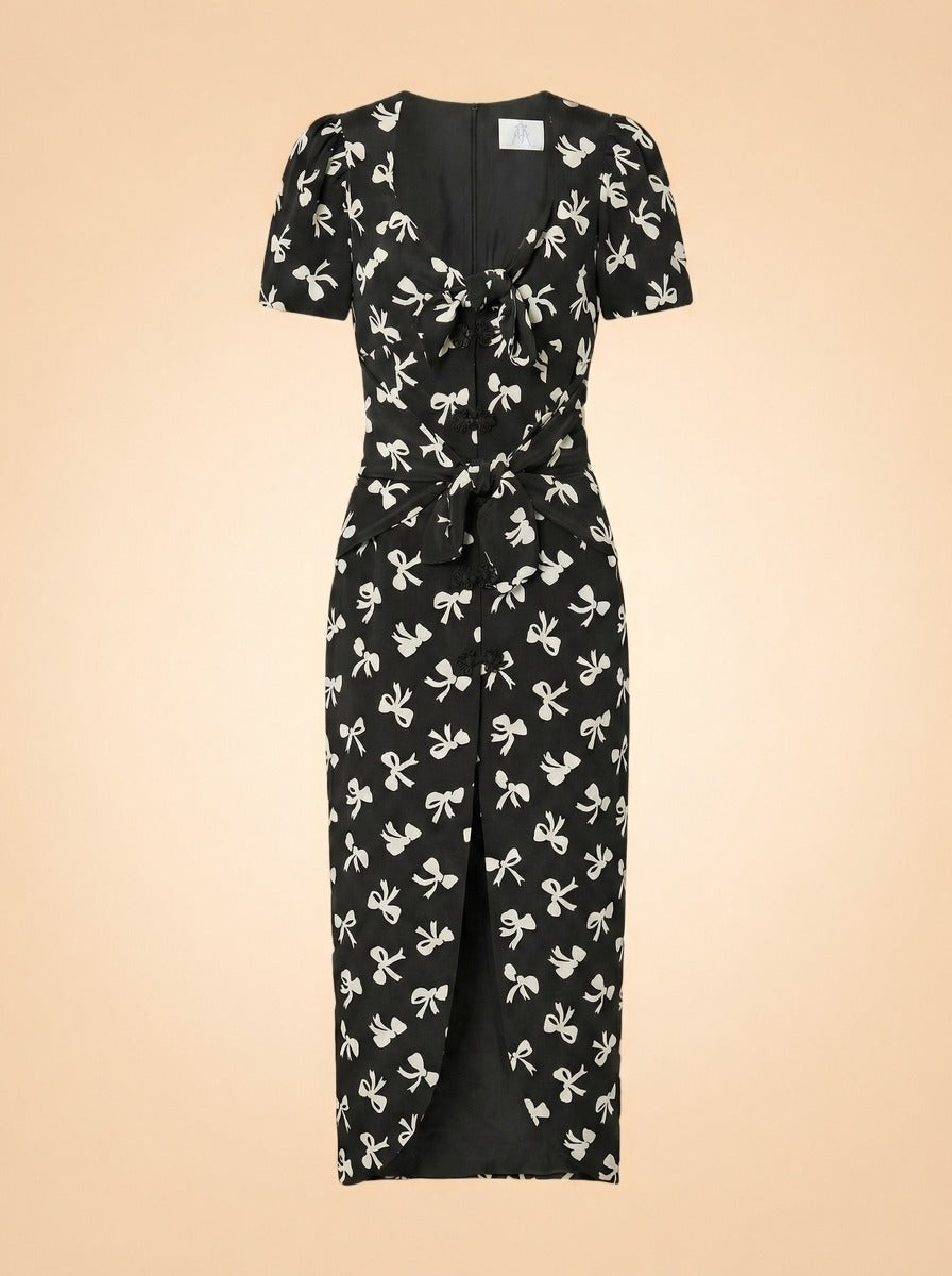 Zaza Tie-Detailed Midi Dress by Rebecca de Ravenel in Black & Ivory